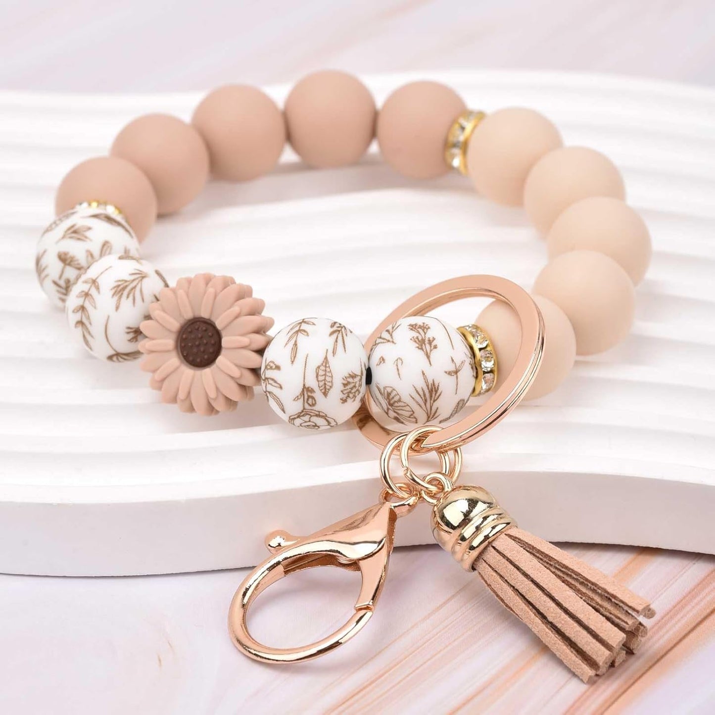 Silicone Beaded Keychain Wristlet Key Ring Bracelet Cute Car Key Chain Holder for Women Girls