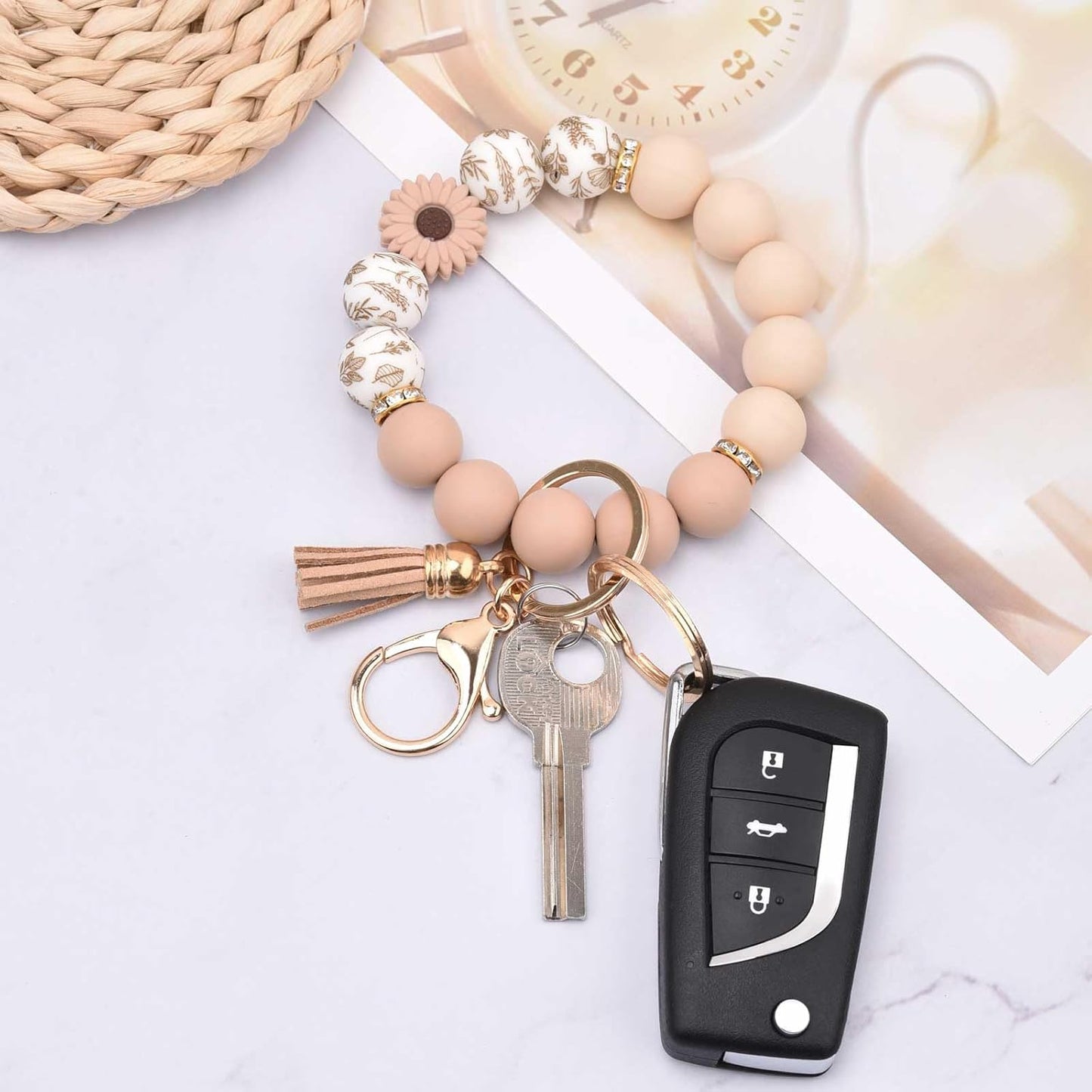 Silicone Beaded Keychain Wristlet Key Ring Bracelet Cute Car Key Chain Holder for Women Girls