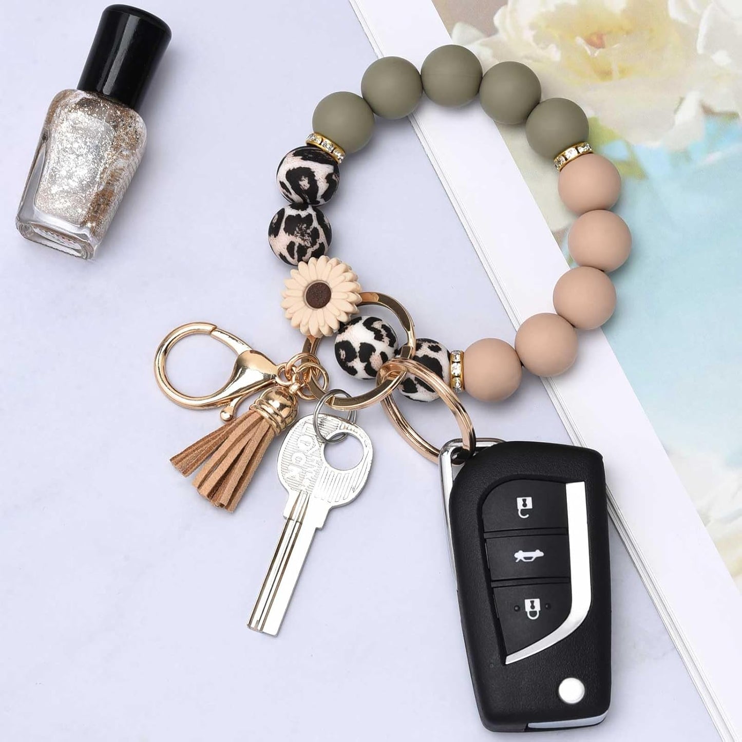 Silicone Beaded Keychain Wristlet Key Ring Bracelet Cute Car Key Chain Holder for Women Girls