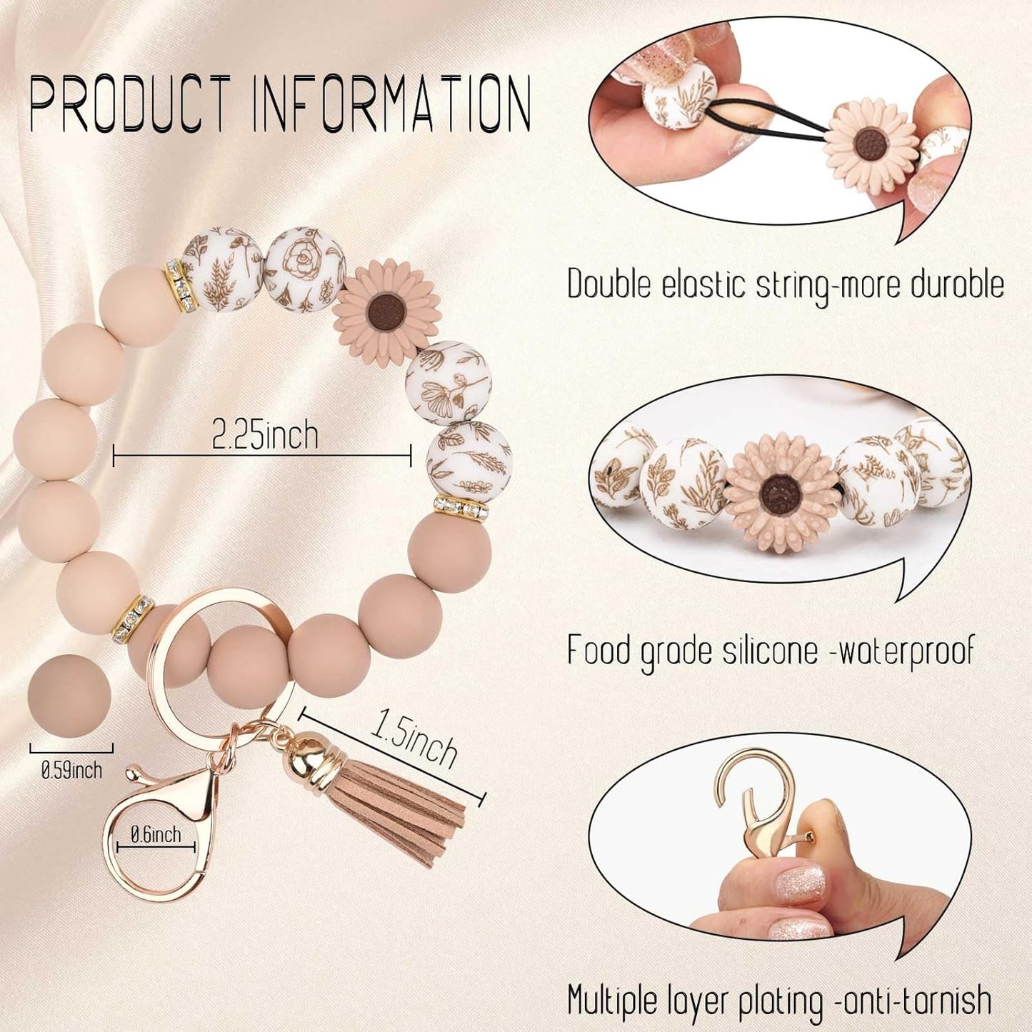 Silicone Beaded Keychain Wristlet Key Ring Bracelet Cute Car Key Chain Holder for Women Girls