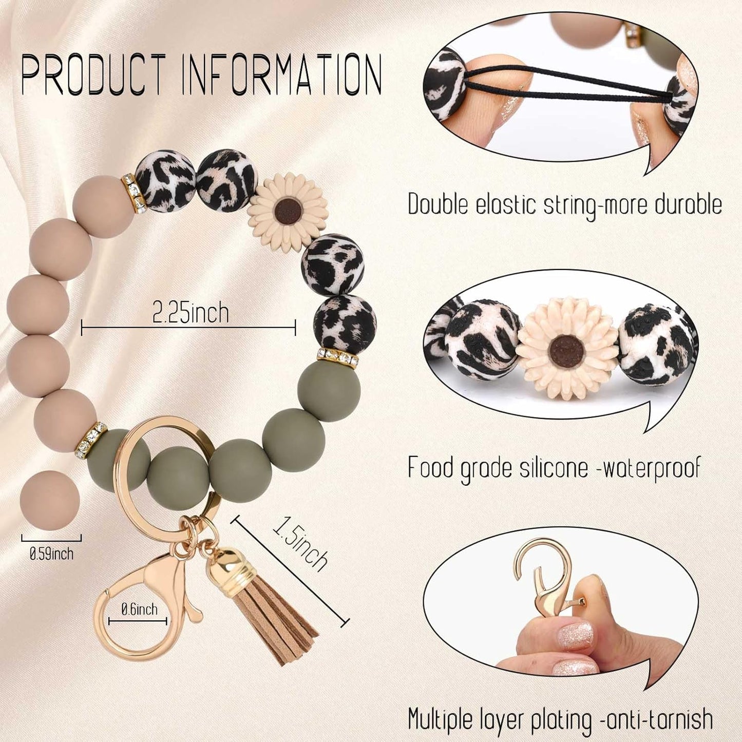 Silicone Beaded Keychain Wristlet Key Ring Bracelet Cute Car Key Chain Holder for Women Girls